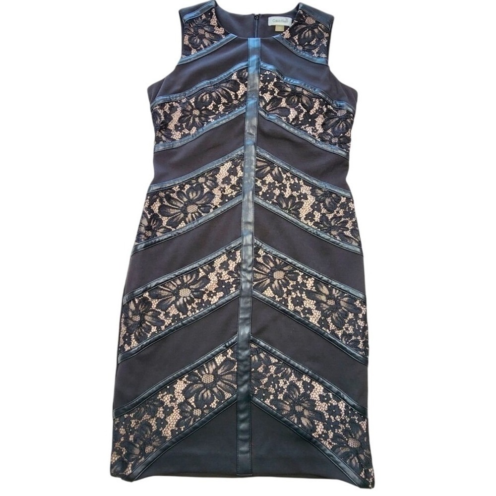 Calvin Klein Womens Black Lace Faux Leather Trim Sheath Dress Size 6 Sleeveless